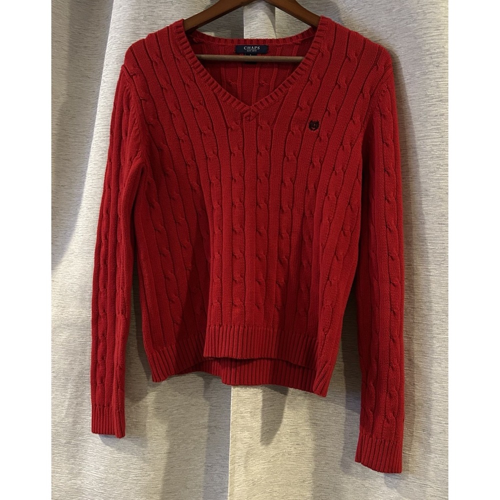 Chaps Womens Large Red Cotton Cable Knit Sweater Long Sleeve V Neck Pullover